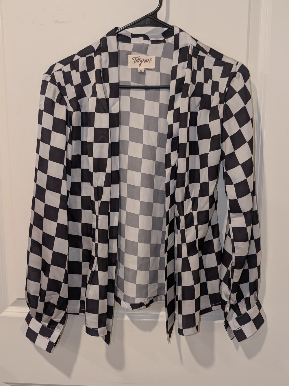 Tatyana Black and White Checkered Button Mesh Long Sleeve Festival Shirt